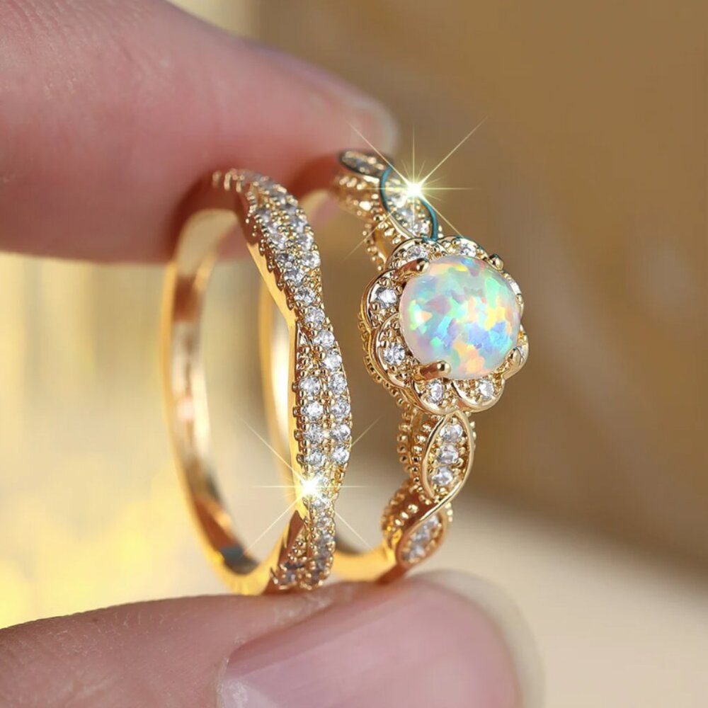 NEW 18k Gold Diamond White Opal Ring Band Set of 2 Rings